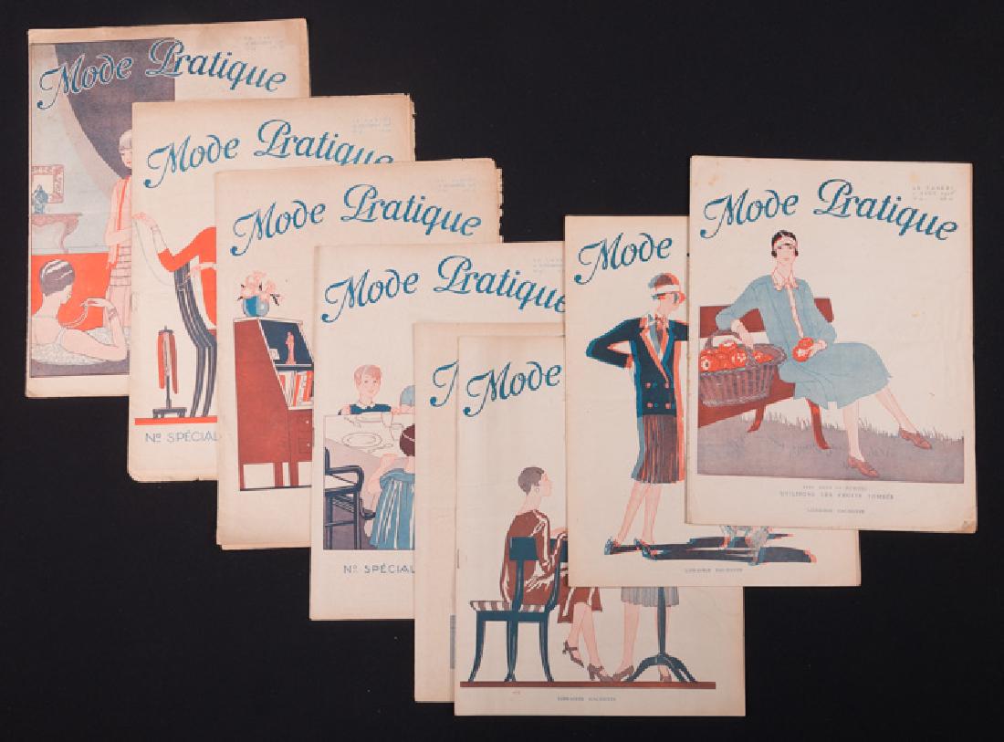 EIGHT "MODE PRATIQUE" FASHION MAGAZINES, FRANCE, 1926: 8 issues French fashion magazines "Mode Pratique", August-December 1926, (some tears, foxing, flocking, 1 w/ offset printing) fair-very good.