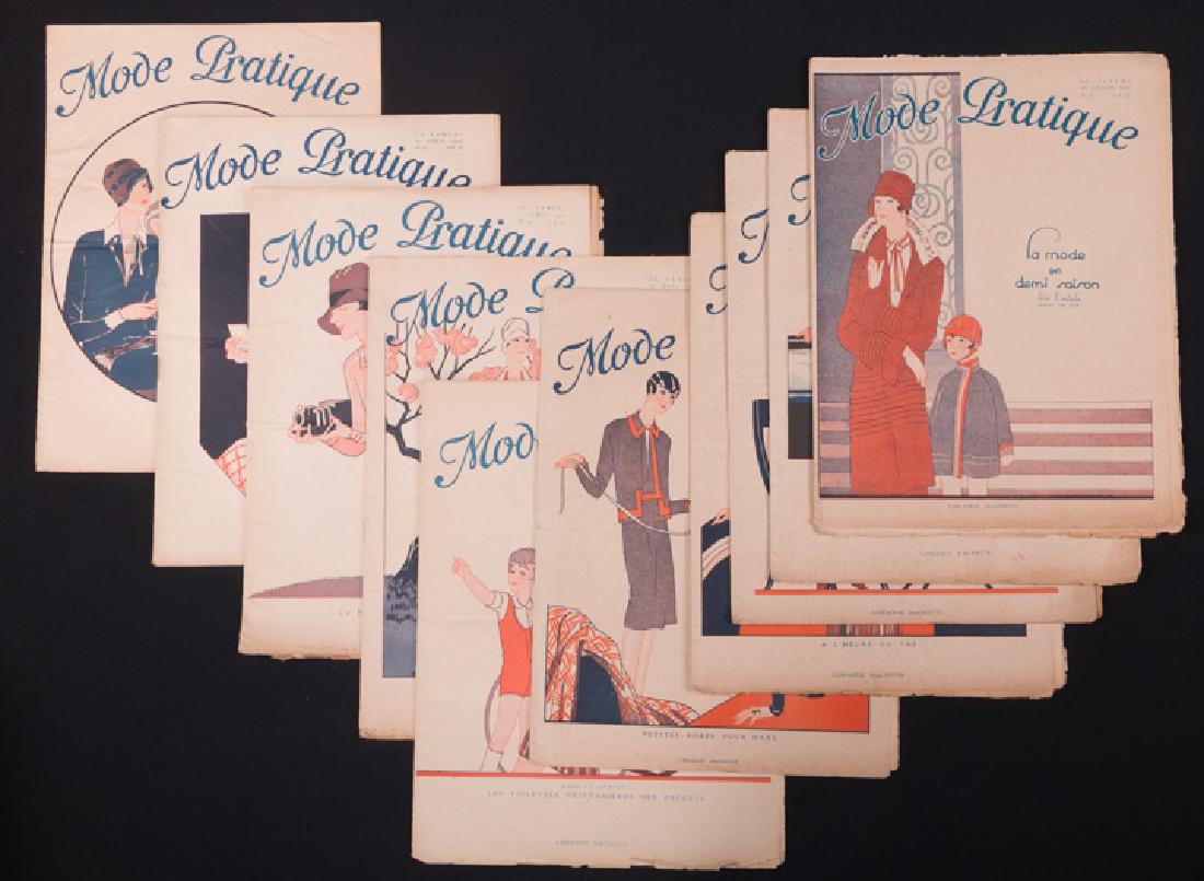 TEN "MODE PRATIQUE" FASHION MAGAZINES, FRANCE, 1927: 10 issues French fashion magazines "Mode Pratique", 1927 January - May, (foxing, flocking, some stains, creases) fair-very good.