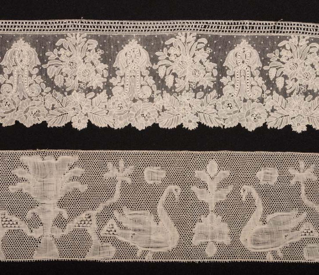 TWO HAND MADE LACE FLOUNCES, 19TH C: 1 point de gaze needlelace edging w/ flower clusters & scrolls, 4" x 5 yds; 1 bobbin lace insertion on 6 point star mesh w/ repeating swan motif, 4" x 5.5 yrds, both excellent.