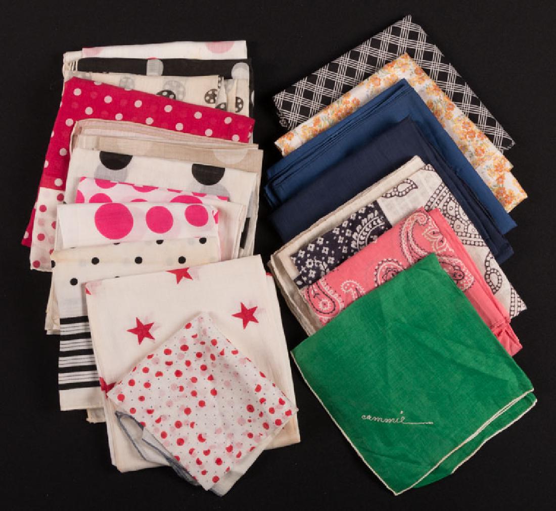 FIFTY KATHARINE HEPBURN ACCESSORIES, MID 20TH C: 50+ Katharine Hepburn hankies & scarves: 37 cotton hankies, (some stains), 4 patterned triangles, 8 white triangles, 1 bonnet, 6 Victorian hankies & 1 brown Civil War Era shawl (many breaks) fair-exce