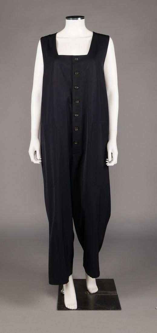 YOHJI YAMAMOTO WOOL JUMPSUIT, 1990s: 1990s midnight blue sleeveless oversized jumpsuit in gaberdine twill w/ square neckline, CF buttons & slash, patch pockets bellow front Hs, L 56", Size "M", label "Yohji Yamamoto", excellent.