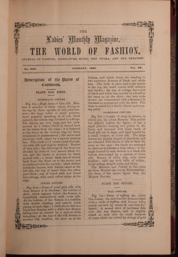 TWO LEATHER BOUND FASHION MAGAZINES, FRENCH & ENGLISH,: Both full year w/ color plates, (both w/ writing on cover/front pages): 1 French, "Le Moniteur du la Mode", from the library of Cora Ginsburg, Jan 1864-Dec 1864, (cover worn, spine detaching, minor di