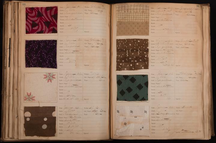 TEXTILE SAMPLE BOOK, 19TH C: Comprehensive collection of period textiles, weaves & motifs, swatches 3" square, WD 9", HT 13", (glue marks throughout textiles, foxing, covers damaged & dirty) good.