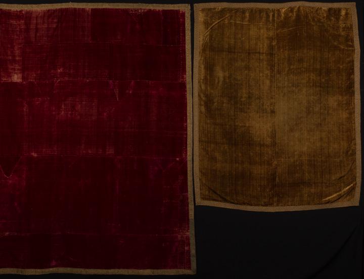 THREE RENAISSANCE VELVET PANELS, 1500s: 3 Renaissance ecclesiastical pieced velvet textiles w/ gold borders: 1 gold w/ gold silk backing, 41" x 53", (small stain on back, velvet worn); 1 crimson red w/ blue linen backing, 69.5" x 82", (some