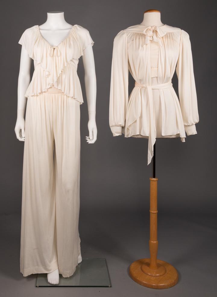 HOLLY'S HARP FOUR PIECE PARTY ENSEMBLE, 1970s: 4-pc disco ensemble in white jersey c/o wide leg & high W pant, top w/ caped ruffle & peplum , bandeau top, long sleeve jacket w/ open front & yoked collar to pussy bow & wrap belt, label "Holly's Har