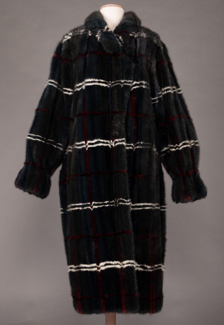 PLAID DYED MINK COAT, LATE 20TH C: Midnight blue & cerulean green mink evening coat w/ crimson & white plaid, self-belt, elastic cuffs & clip & eye closure, L 45”, excellent.