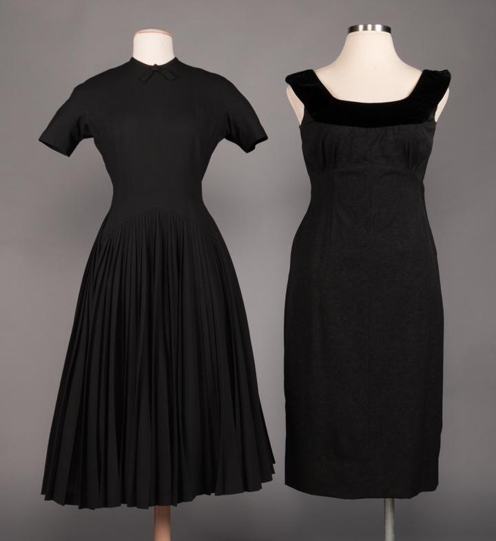 TWO LILLI ANN DAY DRESSES, 1950s: Both black, both label "Lilli Ann": 1 wool blend short sleeve w/ jewel neckline, fitted bodice to drop W, pleated circle skirt & self bow CF neck, B 36", W 26", L 47", (very small stain at right front