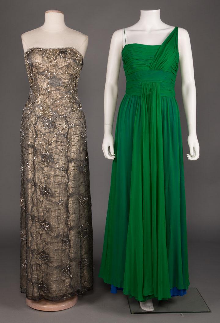 ONE LAME & ONE KELLY GREEN EVENING GOWN, 1950 & 1990: 1 couture 1990s strapless gold lame w/ sequins & bead on net overlay in abstract patterns, corseted bodice, label "Vicky Tiel", B 34", W 28", H 37", L 52.5", (missing/loose sequins & beads) excellent;