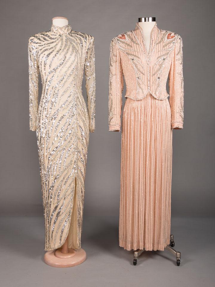 TWO BOB MACKIE BEADED GOWNS, 1980s: Cream silk chiffon evening gown, c. 1980, silver hand beaded & sequined in zebra motif, high collar, long sleeve, slit to left knee, labeled "Bob Mackie, Ray Aghayan", B 36", W 30", L 58", (missing &
