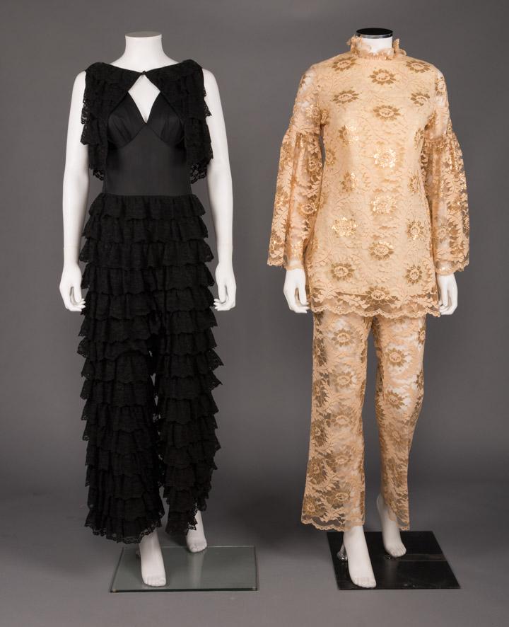 TWO PANT ENSEMBLES, 1960s: 1 sleeveless jumpsuit in black lace, plunging neckline, fitted bodice, lace ruffles to hem, lace ruffled crop vest, label "Eyefull by the Flaums", B 36", W 27", Ins 25", (mending at front V-neck); 1 g