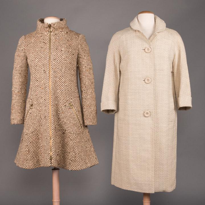 PIERRE CARDIN & BALMAIN DAY COATS, FRANCE, 1960s: 2 herringbone: 1 1968 wool tweed in wide weave, w/ standing collar, CF & pocket zipper w/ O-ring pulls, circular patch pockets at H, slight bell sleeves, flared H, label "Pierre Cardin, Jeunesse", B 3