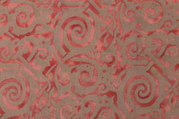 MARIANO FORTUNY "MAORI" STENCILED YARDAGE, ITALY, 1940s: Fortuny "Maori" motif yardage in coral & gold colorway, selvage stamped "Made in Italy, Mariano Fortuny, Depose", WD 54", L 124", (inconsistencies in color at both ends, ragged edges) excellent.