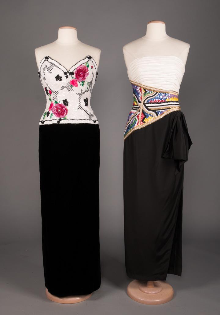 TWO STRAPLESS & BEADED BALLGOWNS, 1980-1990s: 2 deadstock 1980s strapless column dresses w/ beaded bodices & black skirts: 1 w/ black & white beaded & sequined corset bodice w/ embroidered & 3-d pink sequined roses, velvet skirt, B 35", W 27", H 