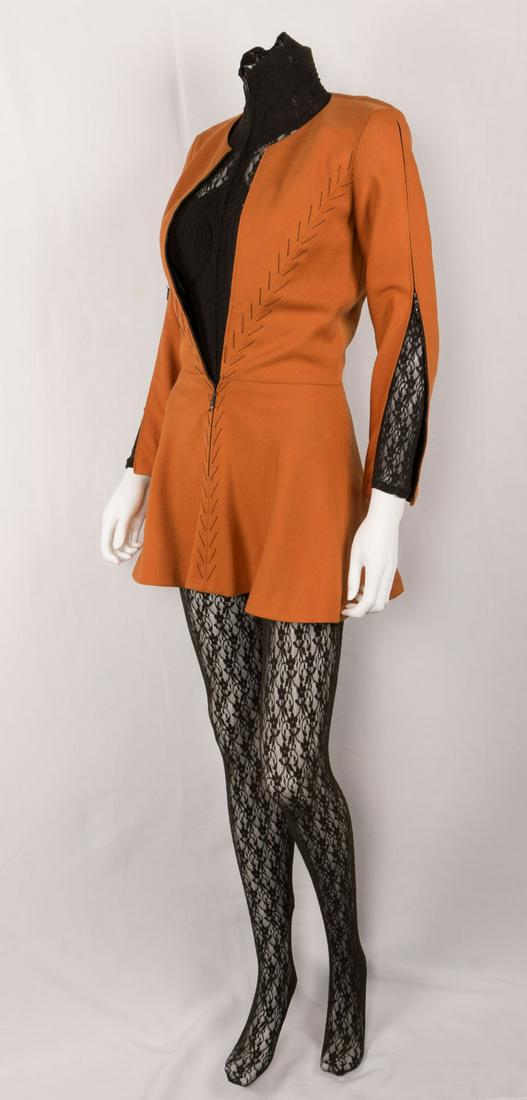 LACE CATSUIT & TUNIC ENSEMBLE, IRELAND, c. 1967: Two piece: 1 synthetic black lace body suit w/ zip front, built-in spiral cone bra w/ sculptural modesty piecing & 1 burnt umber wool long sleeve minidress, CF & sleeve zip opening to SH, decorative s