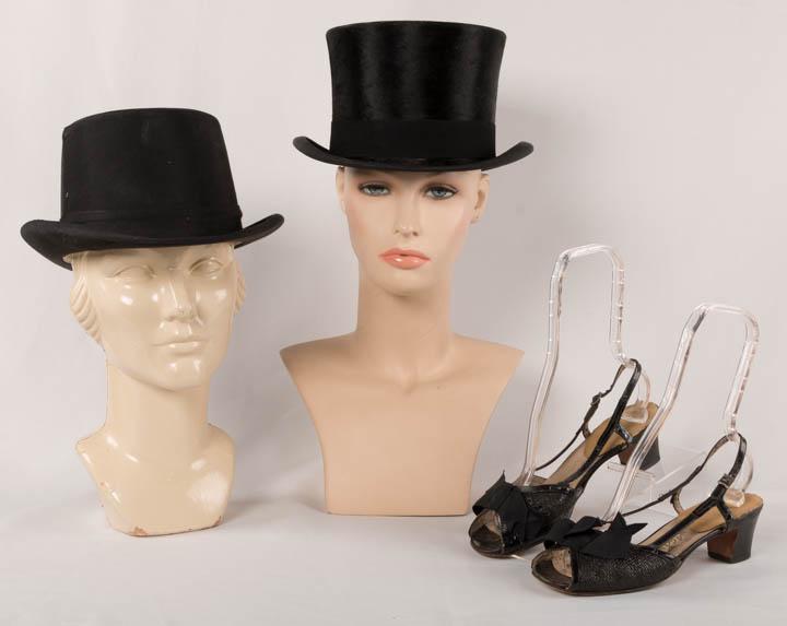 KATHARINE HEPBURN HATS & SHOES, ITALY, ENGLAND &: 1 black silk top hat, 1930s, embossed "John Cavanagh Ltd, Park Ave, New York", (some wear to crown seam, minor discoloration to interior leather), circumference 22", approx. size 7, excellent; 1 ridin
