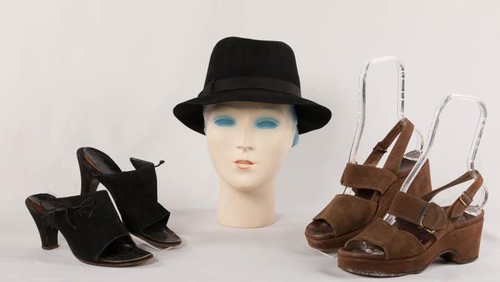 TWO PAIR KATHARINE HEPBURN SANDALS & ONE BOATER HAT,: 1 pair black suede high heeled mules w/ side laces & open toes, approximate size 8N, (separation at insole, scuffs) good; 1 pair brown suede chunky high heeled sandals w/ adjustable side buckle & heel