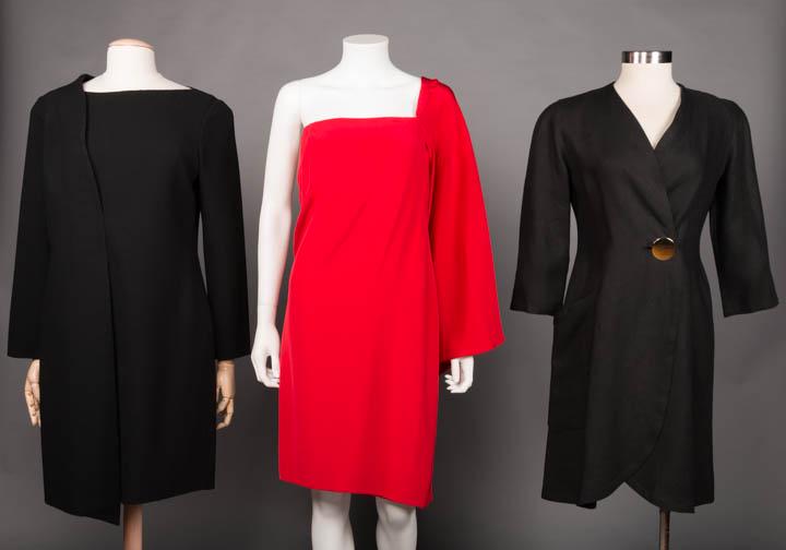 TWO BILL BLASS & ONE GEOFFERY BEENE MINI DRESSES,: 1 crimson silk w/ single semi-circular draped sleeve to controlled pleated detail at back, labeled "Bill Blass", B 33.5", W 30" L 33-40", (front shoulder seam separating); 1 black linen coat dress w/
