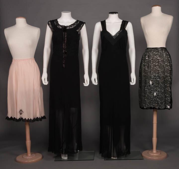 SIX PIECES OF LINGERIE, AMERICA, 1930-1950s: 1 black silk bias cut chiffon floor slip, lace & gathered B, "Rojene" B 34" W 28" L 62" (fraying on straps); 1 black georgette w/ boat neck, satin CF bow, cap sleeve, label "Lady Leonora", B 32.5", W