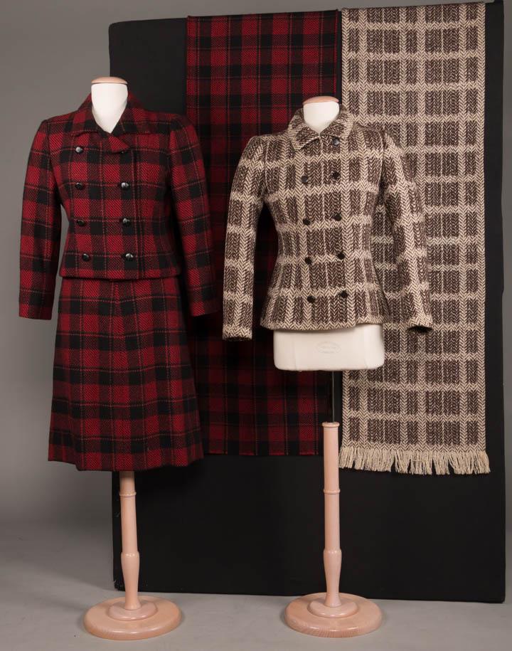 ONE GIVENCHY & ONE MARIE-LOUISE PLAID WOOL SETS,: 1 cocoa & cream plaid double breasted jacket w/ leather covered buttons, lined in cocoa silk, matching shawl/scarf w/ warp fringe, late 1960s, labeled "Givenchy", B 36.5", W 31.5", L 24.5";1 red & bla