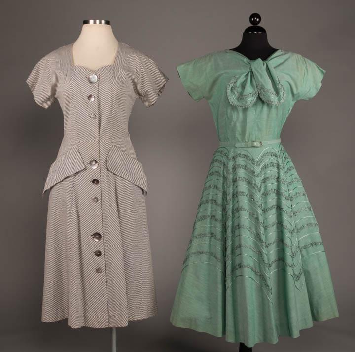 TWO EISENBERG DAY DRESSES, 1950s: 1 seersucker short sleeve w/ sweetheart neckline to full length CF opening w/ 3 sets of 3 graduated abalone buttons & bound button holes, inserted H pockets w/ oversized decorative cuff, striped fabri