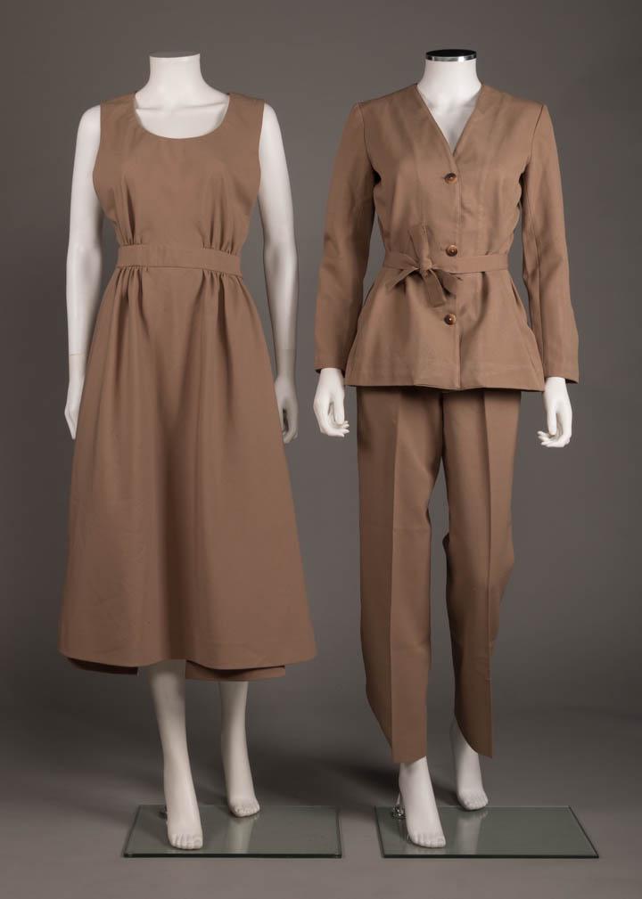 TWO HALSTON FOR BRANIFF AIRLINES ENSEMBLES, 1982: All mocha w/ faux piping details: wrap around smock dress w/ self tie back closure & oversized pack pockets to back panel W 27.5", L 49", excellent; slack suit c/o jacket w/ sash self-belt attached to