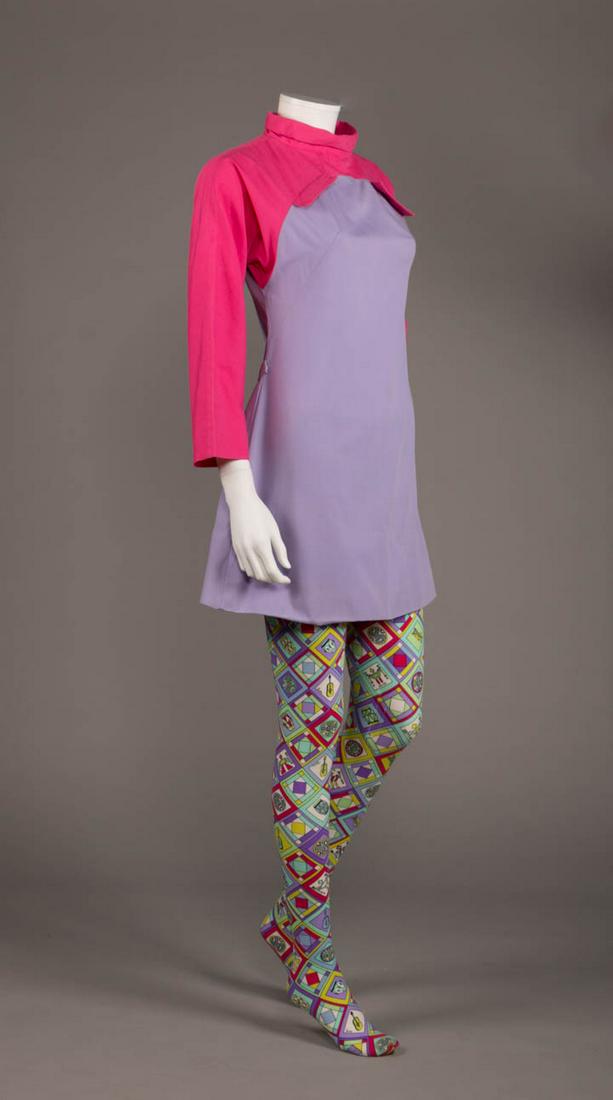 PUCCI FOR BRANIFF AIRLINES ENSEMBLE, 1966-1968: Purple cotton dress w/ pink sleeved yoke & flanged collar, tie from side seams to CB, B 40", W 33", L 31.5" (hem modified) excellent; monogrammed multi-colored printed tights w/ musical instruments & 