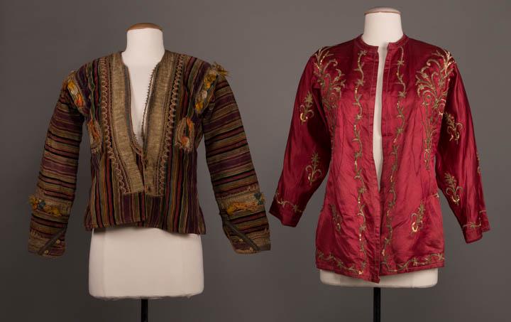 TWO JACKETS, TURKISH & BALKAN, 19TH C: 1 striped velvet, w/ galloon & metallic gold braids to neckline, SHs & cuff, w/ silk thread tufts, minimally quilted cotton lining, CF 4 button closure, Balkans, B 45", L 22", (trim partially detached