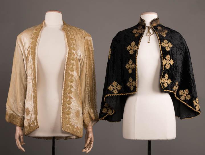 GOLD EMBROIDERED JACKET & CAPE, OTTOMAN EMPIRE, 19TH C: 1 cream silk velvet w/ palmette, rondel & stylized floral embroidery in metallic gold thread w/ colored silk highlights, open front, long sleeve, lined in watered silk, L 30" (group of stains right fr