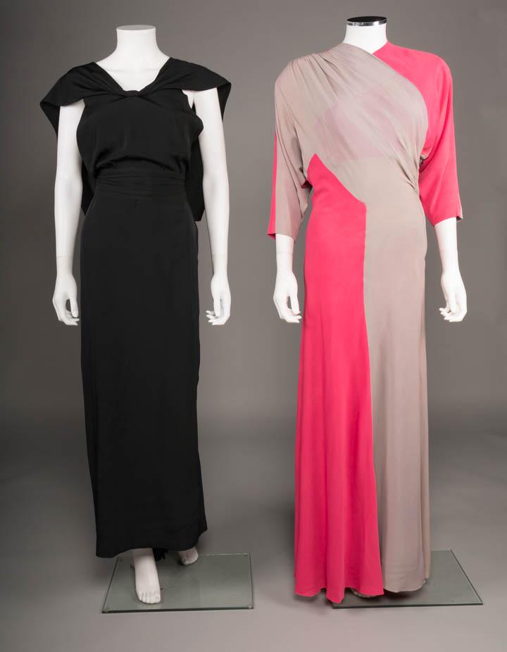 TWO PHIL MACDONALD EVENING DRESSES, AMERICA, c. 1940: 1 floor length bias cut spiral wrap pieced dress in fuchsia & grey rayon crepe, modified surplice bodice w/ high V-neck, padded, SHs, batwing sleeves, shirred at left W, unlabeled & attributed Phil Ma