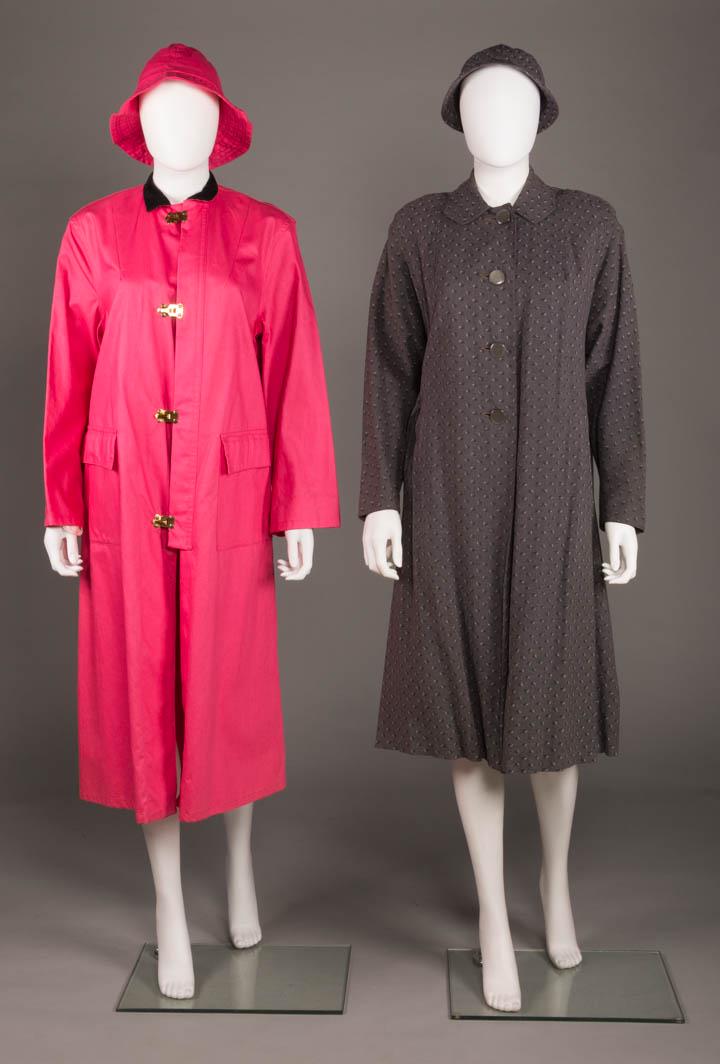 TWO RAINCOATS & MATCHING HATS, AMERICA, 1950 & 1967: 1 pink corded cotton twill w/ black velvet collar, oversized H patch pockets w/ flaps, brass buckle CF closures, unlined, matching rain hat w/ quilted brim, 1967, B 45", L 47", (tiny stains to hat, 1 