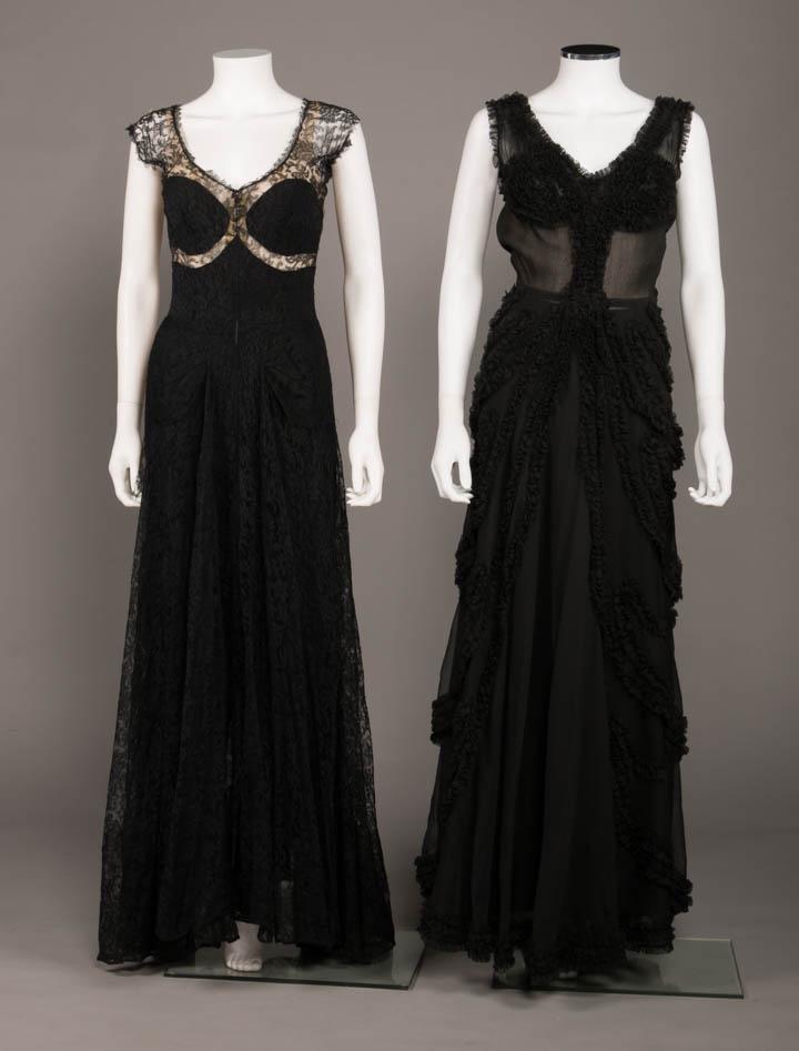 TWO LINGERIE EVENING GOWNS, c. 1949: 1 black silk bandeau gown w/ cutaway bodice & plunging scoop back w/ sleeveless overdress of black lace, Pharaonic draped W, cream souffle bodice lining, CF zip closure, B 32", W 26", L 60", (many sma