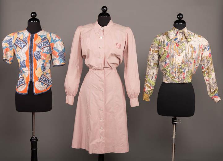 TWO NOVELTY BLOUSES & ONE DRESS, 1940-1946: 1 short sleeve jacket in white cotton printed w/ cocktail recipe motif, round neck & CF zip closure, 4 patch pockets printed "COCK TAIL HIGH BALL", 1944-1946, B 37", W 32", L 23", (spot stains to back