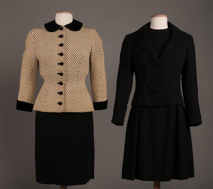 TWO DRESS & JACKET SETS, AMERICA, 1950s: 1 black & cream novelty weave knit jacket, black velvet peter pan collar fitted w/ darts, 3/4 length sleeve w/ black velvet cuff, 9 black velvet & crochet button CF closure, black knit dress w/ high V