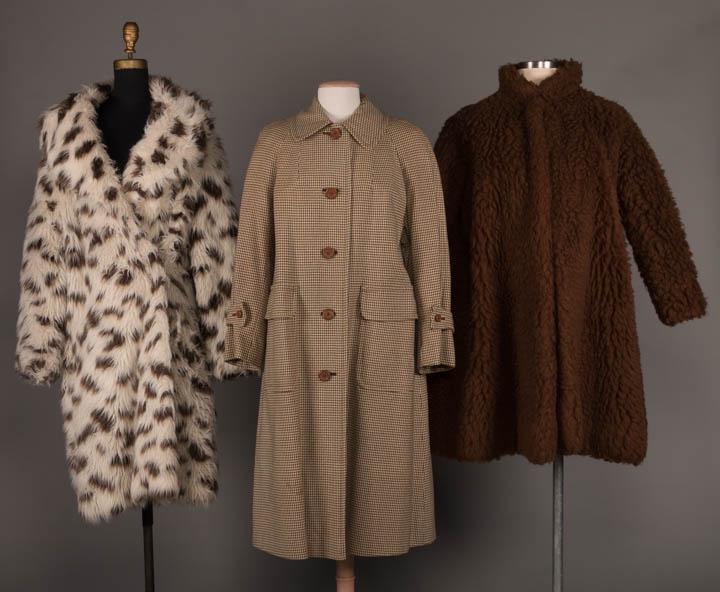 THREE DESIGNER COATS, AMERICA & ENGLAND, c. 1961 & 1970: 1 off-white & brown faux fur knit w/ shawl collar, A-line sleeve, vertical slash pockets at princess H, simulated brown leather belt loops, left front hook & eye closure, c. 1970, labeled "Young Swing