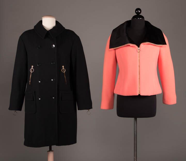 TWO WOOL JACKETS, AMERICA, 1967-1969: 1 pink wool jacket w/ bias collar opening to CF V faced in black satin, long raglan sleeve, straight line back & princess front, black satin lining, CF zip closure, c. 1967, America; B 38", L 21", (sn
