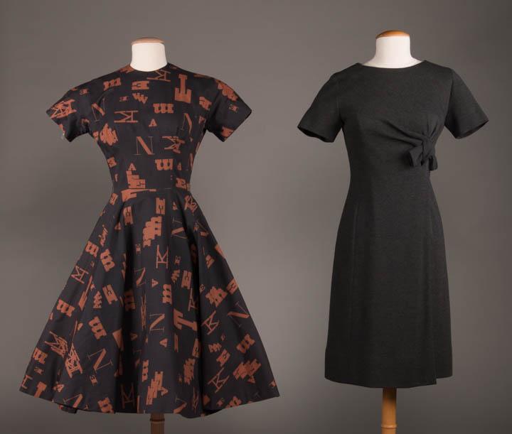 TWO AFTERNOON DRESSES, AMERICA, 1960-1962: 1 black cotton dress w/ brown typeface print, round neck, fitted W, short kimono sleeve w/ diamond underarm gusset, full circle skirt underlined w/ non woven interfacing, CB zip closure, label "Mam'se