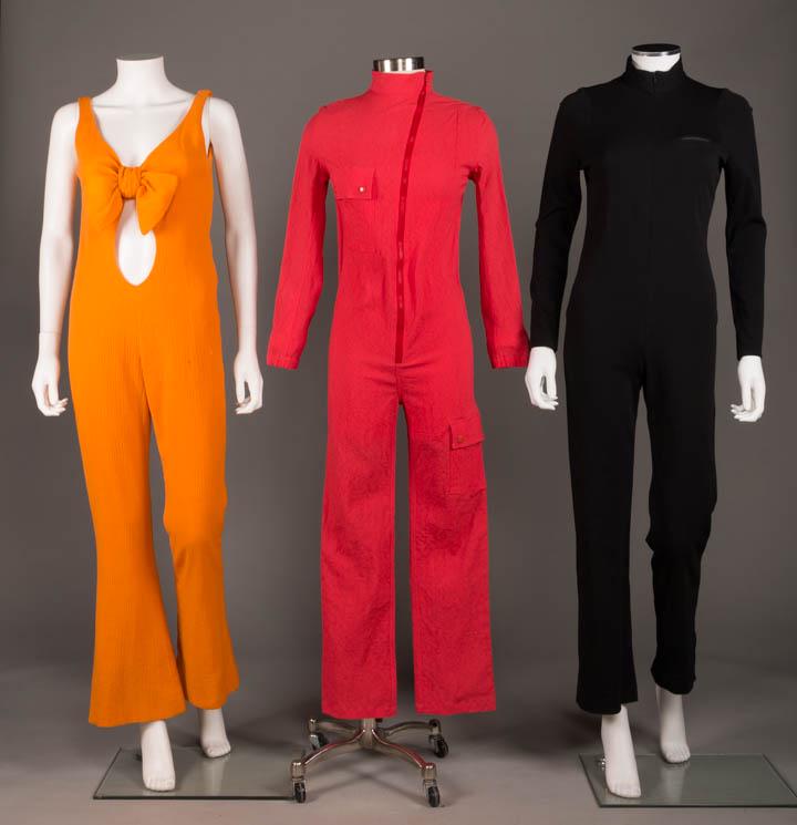THREE JUMPSUITS, AMERICA, 1965- 1969: 1 melon crinkle weave sleeveless jumpsuit w/ plunging neckline to keyhole CF w/ large self bow tie closure, flared bottoms, left SS zip closure, c. 1965, America, B 36", W 35", L 58", (hem fraying at 