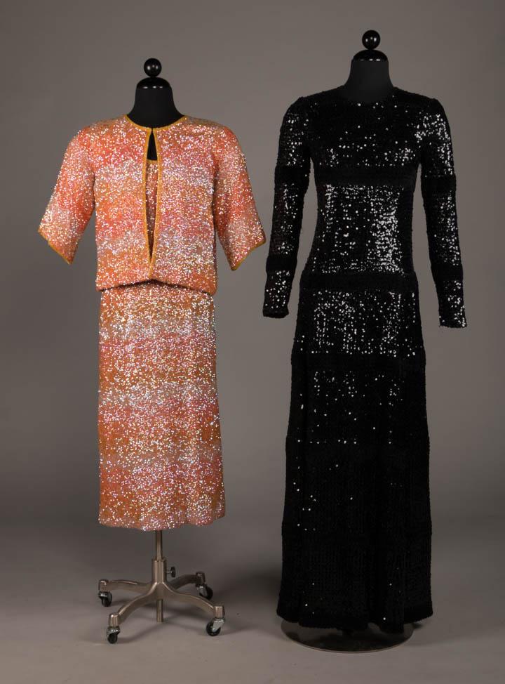 TWO SEQUINED DRESSES, FRANCE & AMERICA, 1963 & 1968: 1 sleeveless sheath dress & crop jacket of orange crepe heavily embroidered in orange, yellow & grey iridescent & edged in yellow crystal beads at CF opening, cuffs, armholes & neckline, lined in oran
