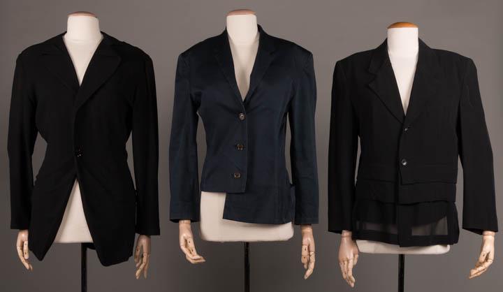 YOHJI YAMAMOTO & COMME des GARÇONS JACKETS, JAPAN, LATE: 1 sheer wool crepe w/ notched turn-back lapel, 2 H pockets, single B pocket, 2 CF button closure, label "Yohji Yamamoto", B 43", W 32", L 32.5", (tiny hole right SH) very good; 1 navy w/ asymmetrical 