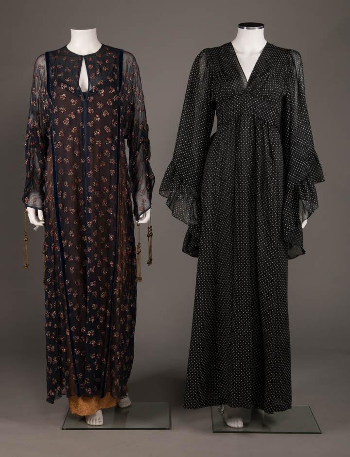 TWO CAFTAN EVENING GOWNS, AMERICA, 1970 & 1976: 1 goldtone metallic thread knit & sheer navy silk georgette caftan w/ glitter detailing & cuff tassles, c. 1970, B 35", W 35", L 56", (2.5" tear along velvet trim, strain at SH straps, snag in underdr