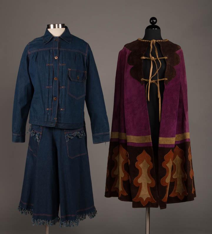 TWO HIPPIE GARMENTS, AMERICA, c. 1970 & 1977: 1 c/o indigo denim jacket, vest & divided skirt all w/ brass buttons & buckles, contrasting topstitching & fringed decorative hems, c. 1977, Jckt B 44", L 23", Vest CH 37", L 17.5", Pant W 28", Inseam