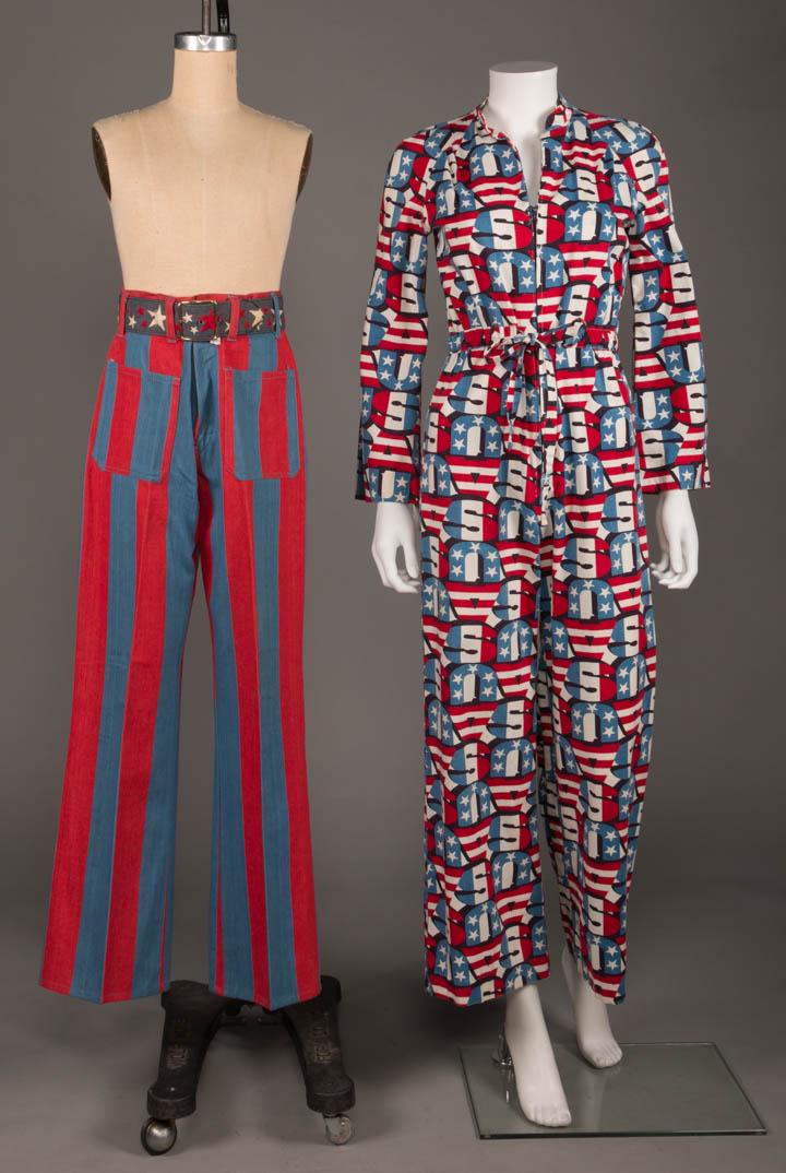 TWO AMERICAN THEMED PRINTED GARMENTS, HONG KONG &: 1 cotton jumpsuit in red, white & blue "USA" print w/ peter pan collar, short sleeves, CF zip closure & W tie, c. 1968, B 35", L 55", (homemade, stain left B) good; 1 men's red & white striped jeans,c