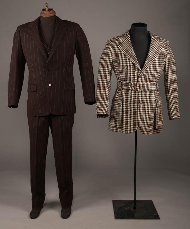MAN'S SUIT & JACKET, ENGLAND, 1970s: 3-pc suit in brown wool tweed w/ white pin stripe, CF button closure, oversized H pockets, c. 1971, custom label "Stovel & Mason Ltd., London", C 45", L 30.5", vest C 42", L 25", Pant W 33", Inseam 30