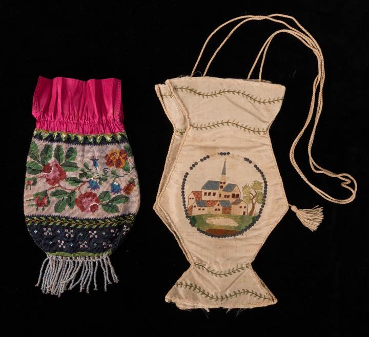 TWO RETICULES, AMERICA, 1800-1836: 1 knitted, beaded of Czech seed beads in floral pattern on translucent vaseline beads, lined & edged in fuchsia silk taffeta, 1836, made for & used in wedding, maker was 17, (minor silk shattering, fe