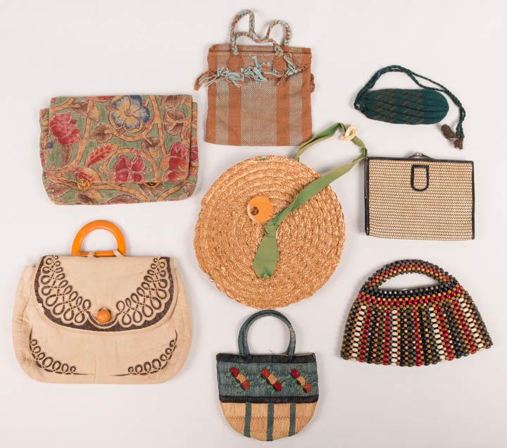 EIGHT NOVELTY HANDBAGS, 1910-1950: 1 cream linen w/ varnished soutache edged design, Bakelite handle & closure 8" x 11" (wear, handle cracked, discoloration); 1 Arts & Crafts revival painted canvas clutch w/ double button closure, 7.5"