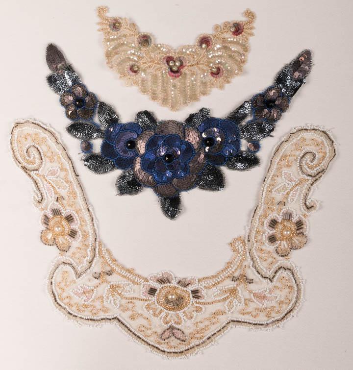 SEQUIN, BEAD & EMBROIDERED APPLIQUES & YARDAGE, ITALY,: 10 bead, sequin or bullion encrusted dress elements including 3 elaborate collars: 1 sequin, rhinstone & chenile embroidered on net & 1 in shades of blue & black fishscale sequined roses w/ faux rosec