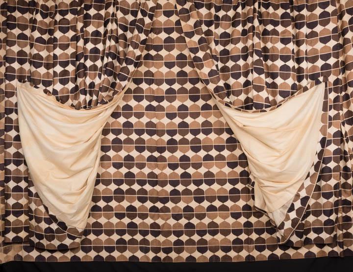 ROSS LITTELL MIRA CURTAINS FOR KNOLL TEXTILES, c. 1958: 3 cotton duck printed in bifurcated lozenge shapes in shades of brown, backed in cream cotton, in "Mira" pattern, designed by Ross Littell for Knoll Textiles, 129-138" x 77.5"; 69.5-135" x 77.5"; 68-1