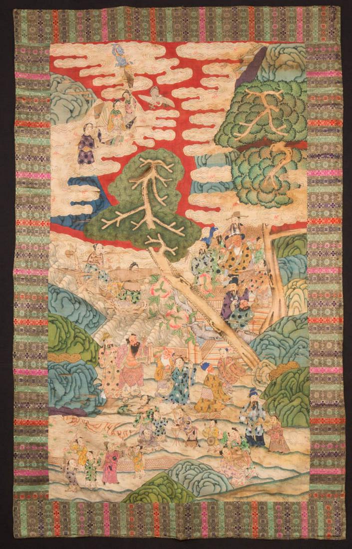 K'O-SSU TAPESTRY, CHINA, LATE 19TH C: Chinese tapestry woven (k’o-ssu) & hand painted details, silk brocaded border, late 19th C w/ 5" silk brocade border (many tears and rips, top edge has mounting holes, 9" x 4" stain top R, few stain