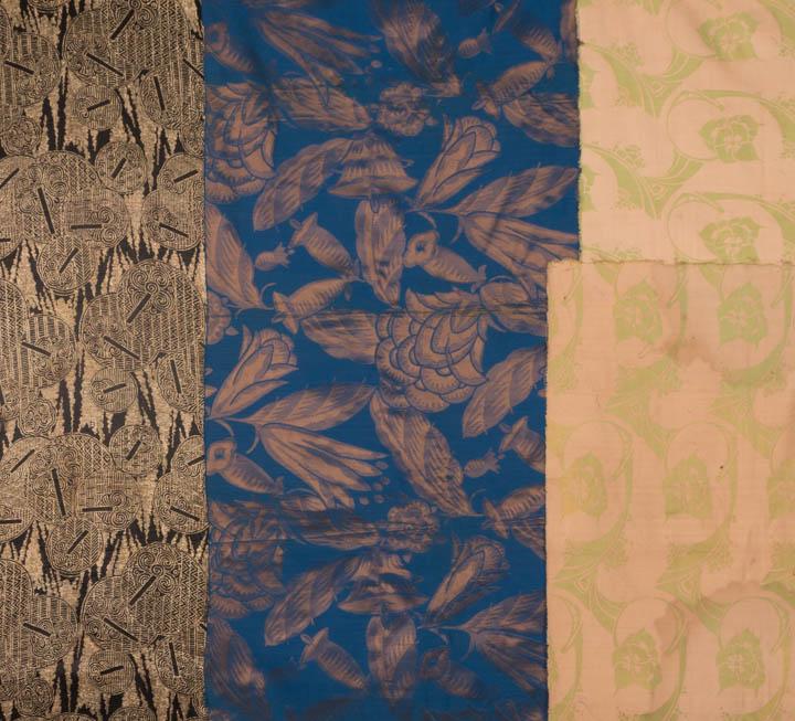 FOUR TEXTILE FRAGMENTS, FRANCE, 1910-1930's: 1 woven gold lame fabric w/ designs of Japanese fans, black & gold spirals, circles & zigzags, 1920's, France 18-26"x87", (cut edge very jagged, large stain) fair; 1 "Modern" Art Deco panelw/ iridesce