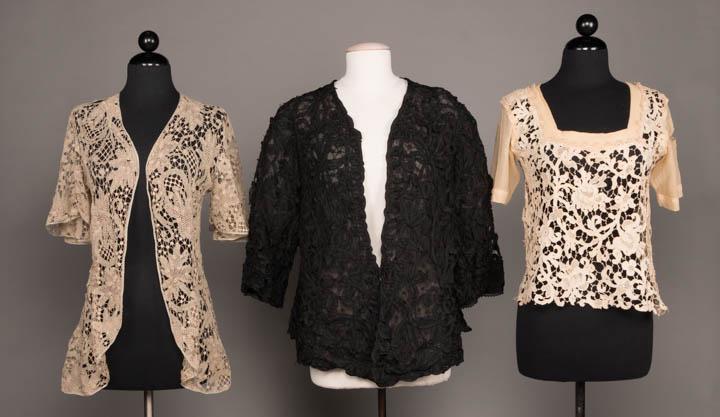 TWO LACE JACKETS & ONE LACE BLOUSE, EARLY 20th C.: 2 Edwardian tape lace jackets: 1 open-front cream baroque inspired floral & vine motif w/ elaborate needle fillings, butterfly sleeve, open hanging B 36", L 29" (few breaks in brides) very good & 1 op